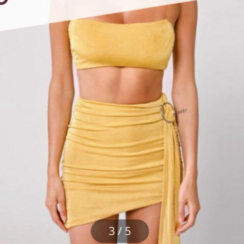 Tiger Mist Yellow Asymmetrical Wrap Mini Skirt Set